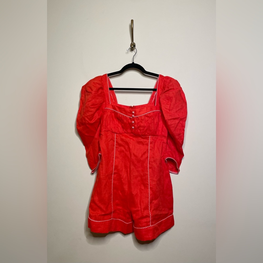 FARM Rio Bright Red Puff Sleeve Romper - Picture 5 of 9